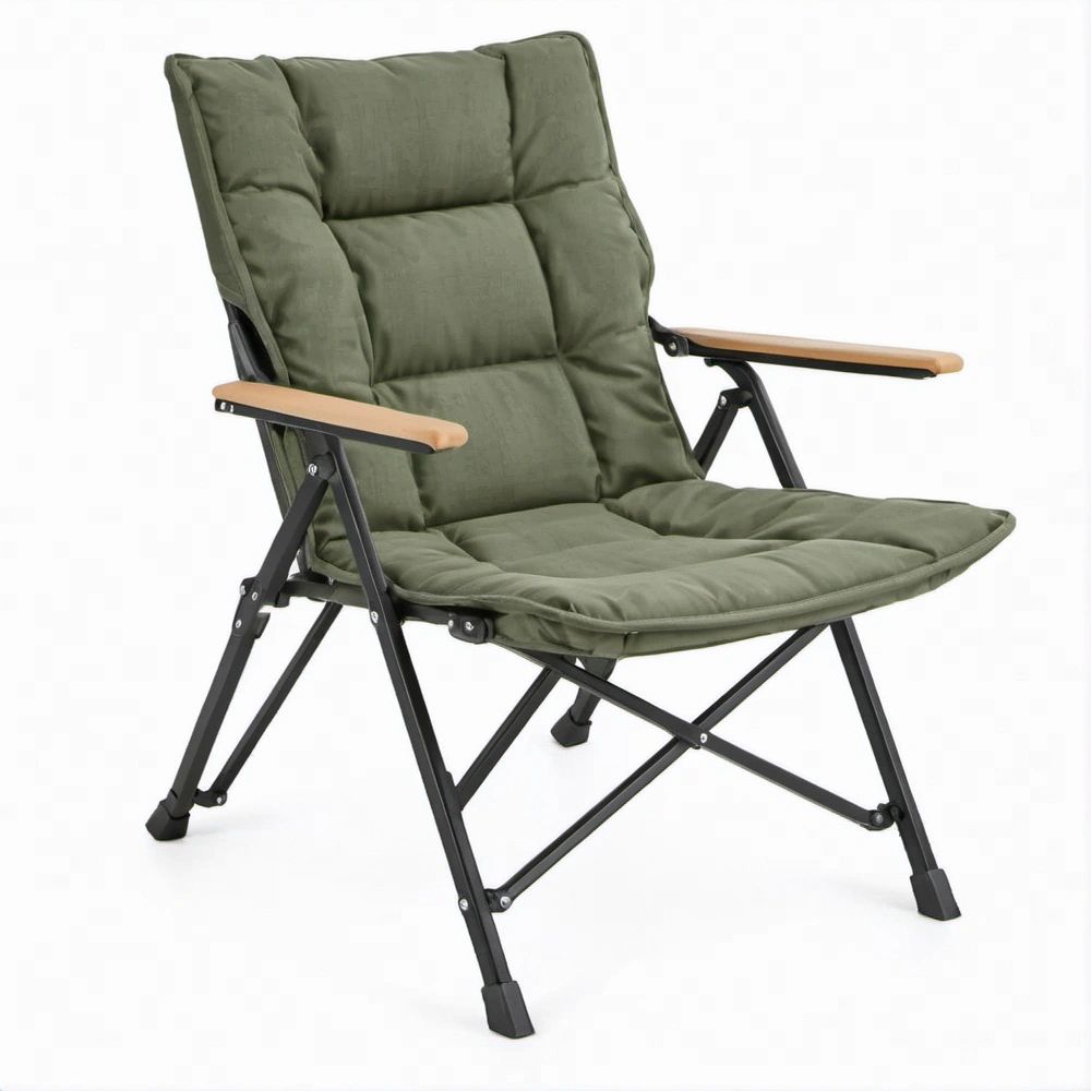 Olive Green Folding Reclining Padded Camping Chair with Bamboo Armrests, 60 x 70 x 100 cm