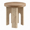 Round Natural Oak Veneer and Travertine Table, 17.7 in Diameter x 19.7 in High