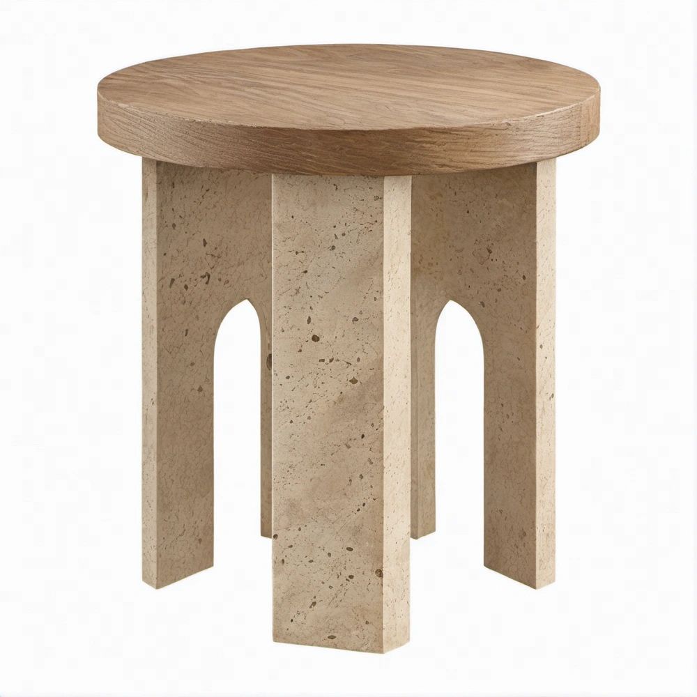 Round Natural Oak Veneer and Travertine Table, 17.7 in Diameter x 19.7 in High