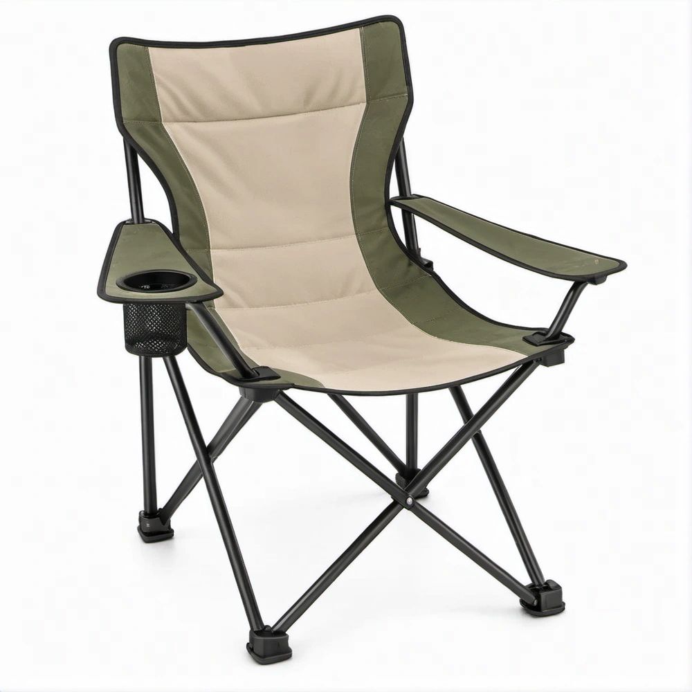 Green and Beige Folding Camping Chair with Cup Holder, Side Storage Pocket, and Padded Armrests, 35 x 20 x 38 in