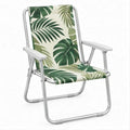 Folding Camping Chair with Armrests, Green Leaf Print Polyester Fabric, Silver Steel Frame, 58 x 55 x 80 cm