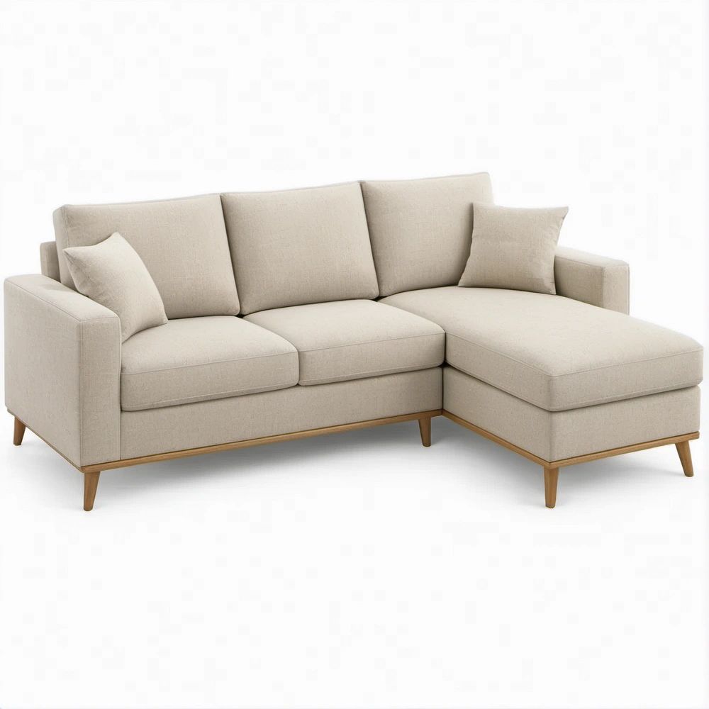 Right-Facing Beige Polyester L-Shaped Sectional with Chaise, 84 x 61 x 34 in