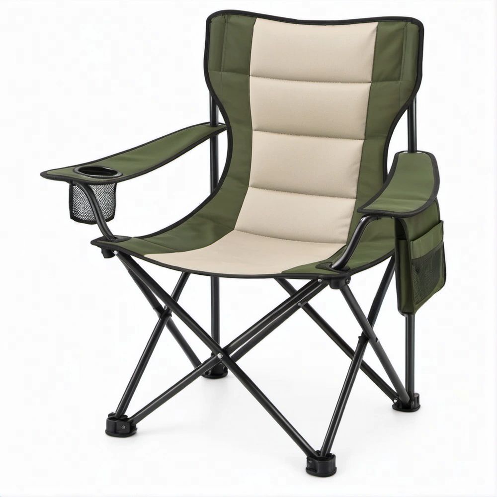 High-Back Folding Camping Chair, Green/Beige/Black, with Cup Holder, Mesh Basket and Side Pocket, 34.6 x 23.6 x 39.4 in