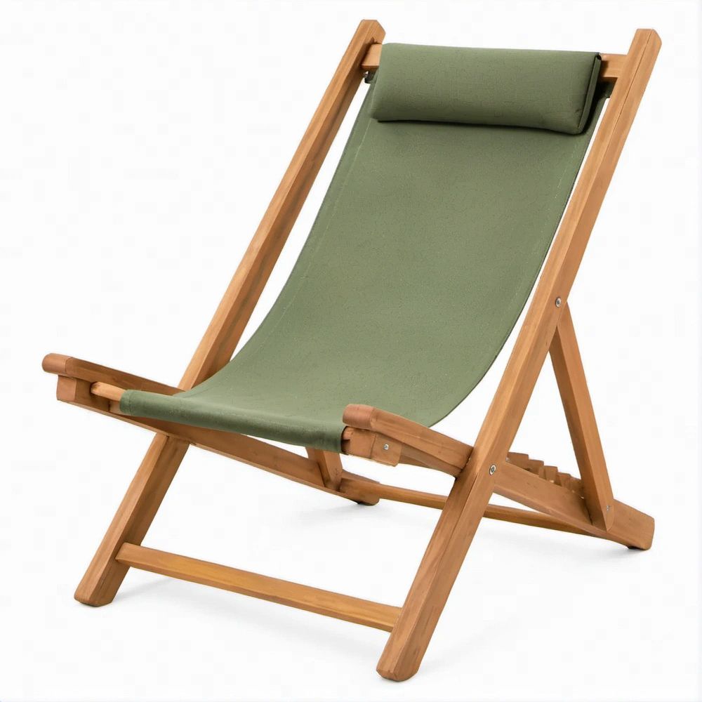 Green Folding Reclining Deck Chair with Acacia Wood Frame, 58 x 95 x 96 cm