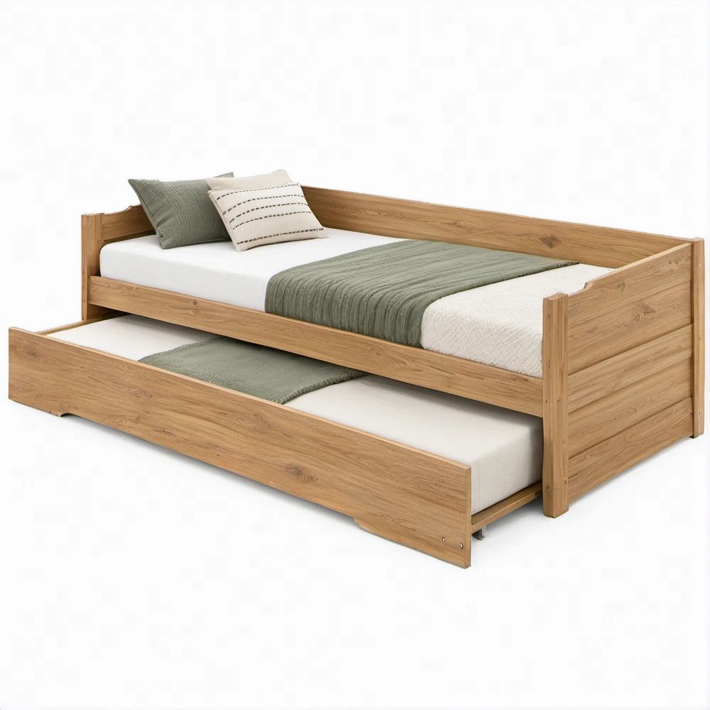 Twin Solid Pine Wood Daybed with Pull-Out Trundle, Natural Brown, 78 x 42 x 34 in