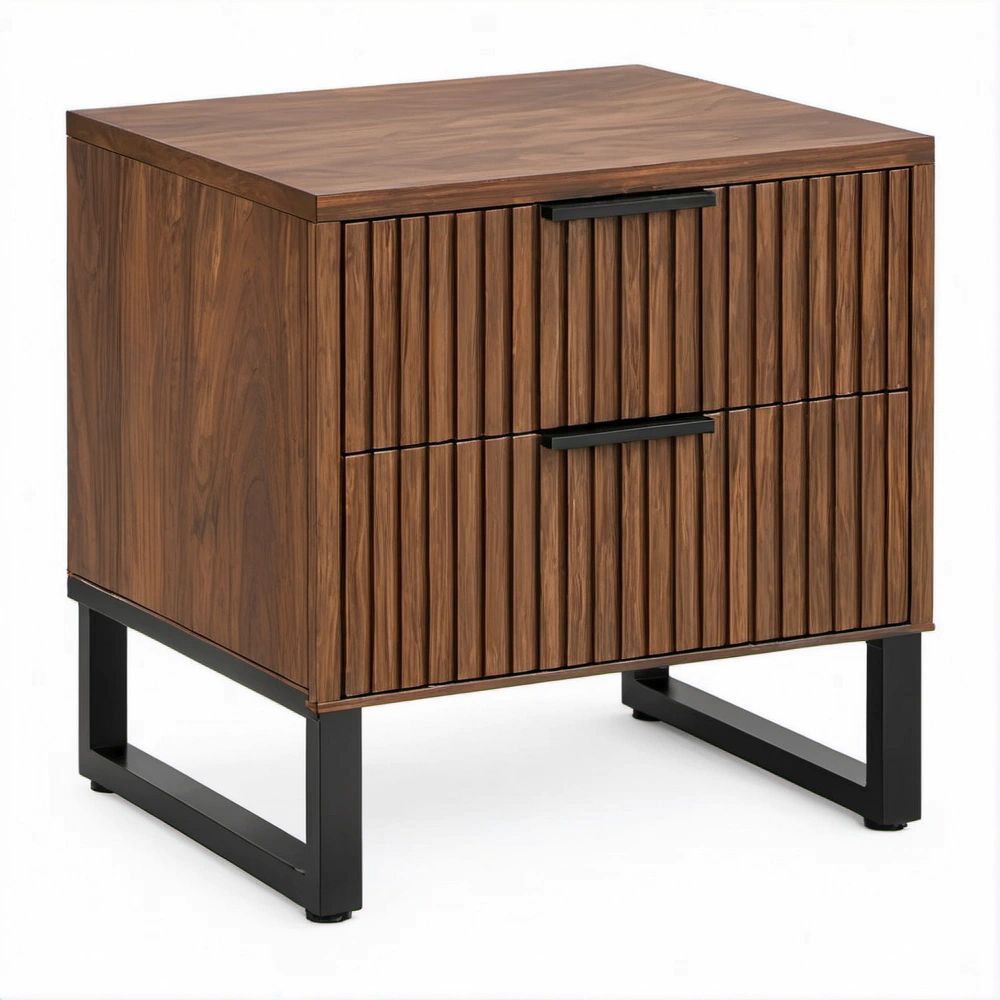 2-Drawer Walnut Veneer Nightstand with Black Steel Legs, 24 x 18 x 24 in
