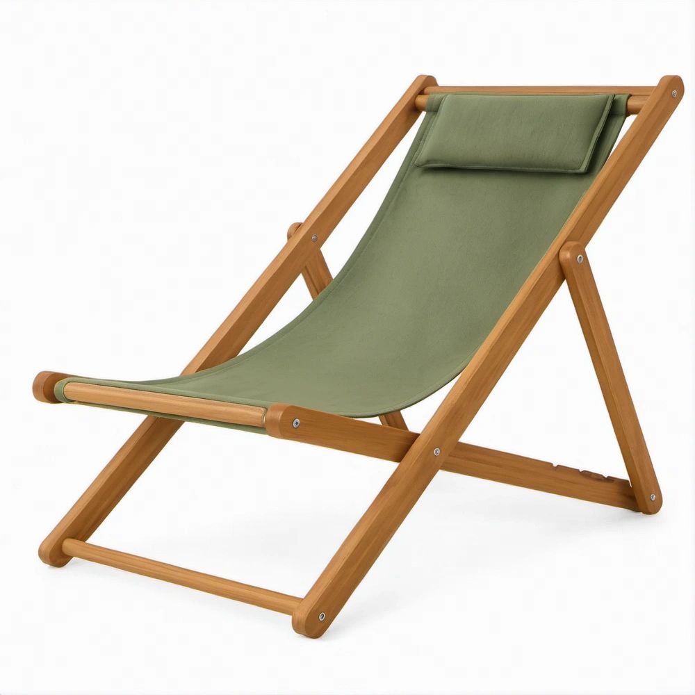 Folding Reclining Deck Chair with Head Pillow, Green Polyester Canvas and Natural Eucalyptus Wood, 47.2 x 23.6 x 31.5 in