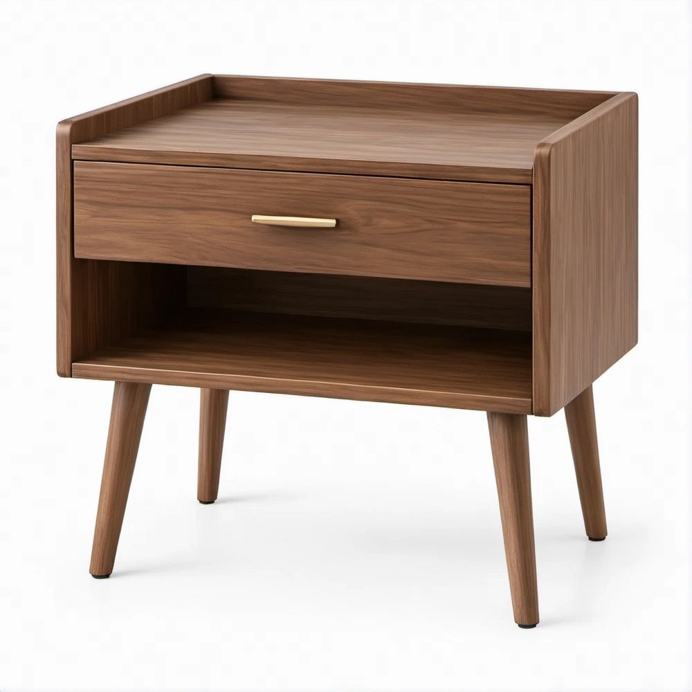 Walnut Brown Nightstand with Brass Handle, Drawer and Open Shelf, 22 x 16 x 24 in