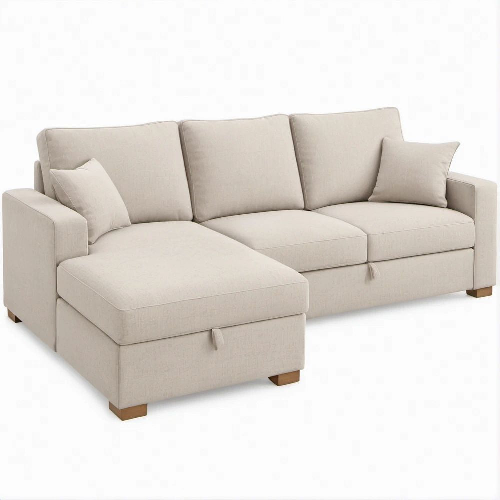 Cream L-Shaped Pull-Out Sleeper Sectional Sofa with Left-Facing Chaise, 110 x 65 x 35 in