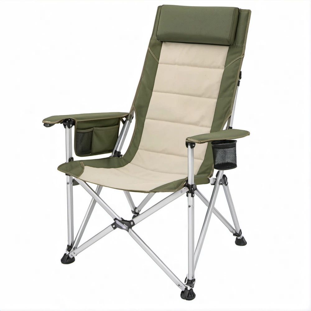 Olive Green and Beige High-Back Folding Camping Chair with Aluminum Frame, 23.6 x 23.6 x 43.3 in