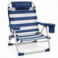 Blue and White Striped Folding Low-Profile Beach Chair with Cup Holder, 24 x 20 x 28 Inches