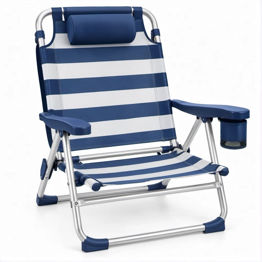 Blue and White Striped Folding Low-Profile Beach Chair with Cup Holder, 24 x 20 x 28 Inches