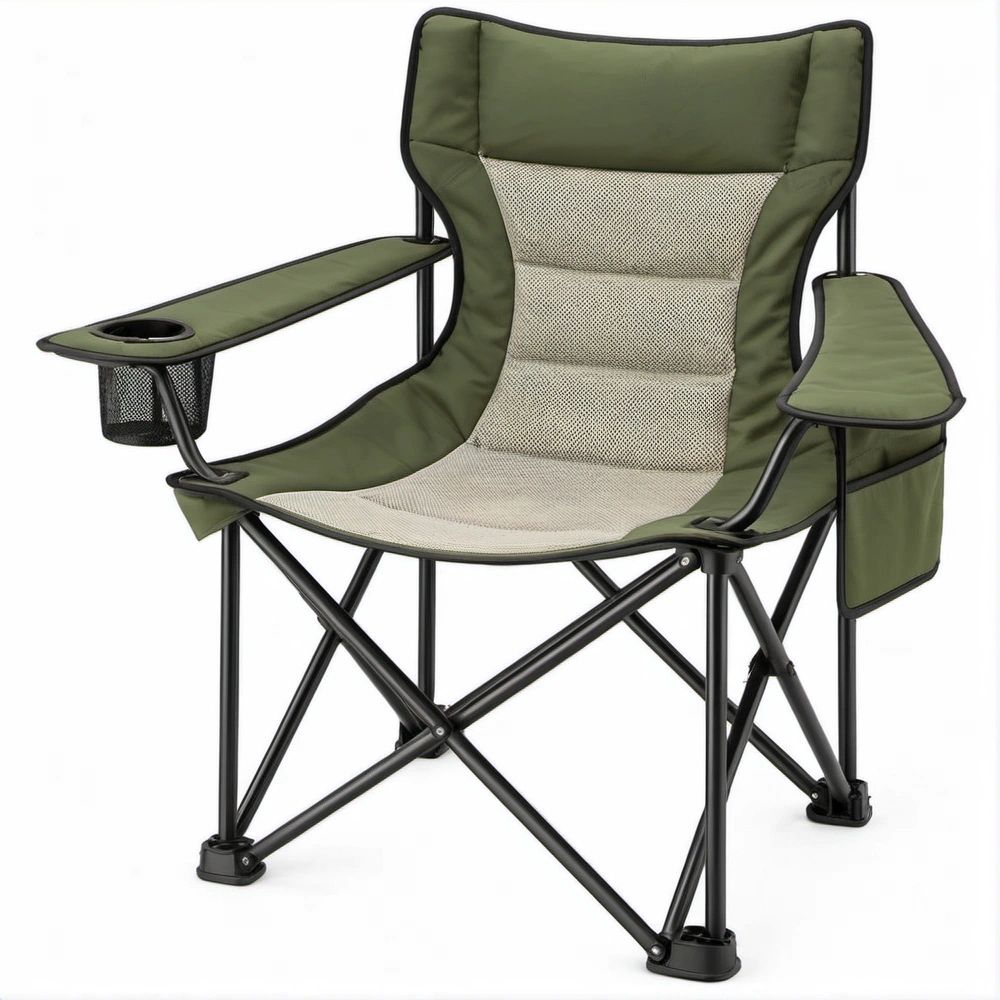 Oversized Folding Camping Chair with Side Table, Cup Holder and Storage Pocket, Olive Green/Beige/Black, 35.4 x 23.6 x 39.4 in