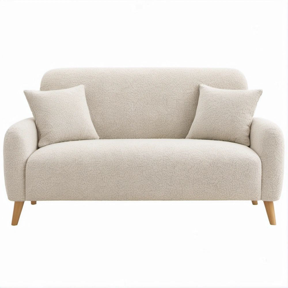 Cream Boucle Loveseat Sofa with Natural Wood Legs, 63 in W x 35 in D x 34 in H