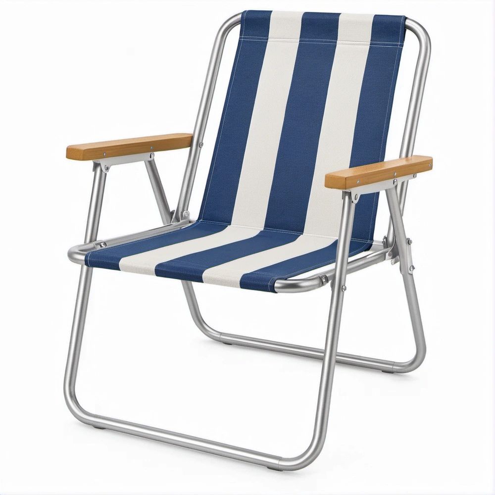 Blue and White Striped Folding Beach Chair with Aluminum Frame and Wood Armrests, 22 x 24 x 32 in