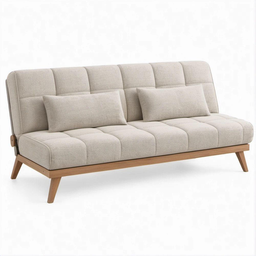 Convertible 3-Seat Sofa Bed, Beige Upholstery with Brown Rubberwood Base, 77.2 x 34.6 x 33.5 in