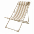 Folding Reclining Deck Chair, Beige and White Striped Polyester Canvas, Steel Frame, 58 x 98 x 90 cm