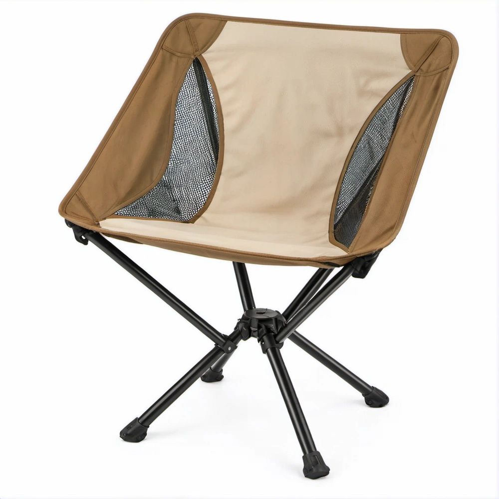 Khaki and Black Folding Camping Chair with Mesh Panels, Steel Frame, 22 x 20 x 30 in