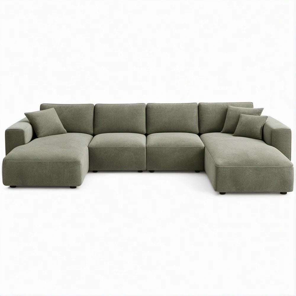 U-Shaped Sectional Sofa, Green Polyester, 120 x 65 x 33 in