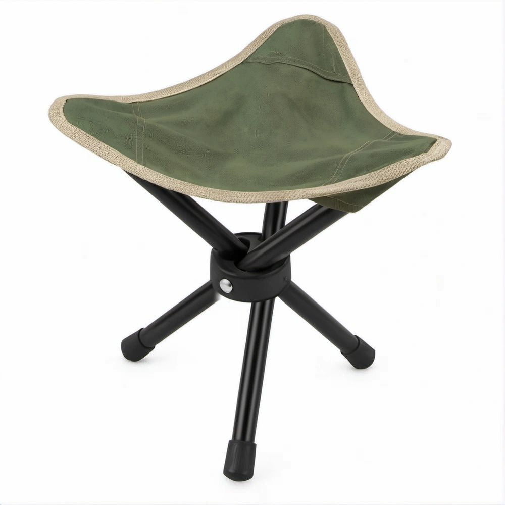 Foldable Tripod Camping Stool, Green Polyester Canvas Seat, Black Steel Frame, 33 x 33 x 42 cm