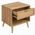 Natural Brown Engineered Wood and Rattan Bedside Table with Gold Steel Legs, 20 x 16 x 24 in