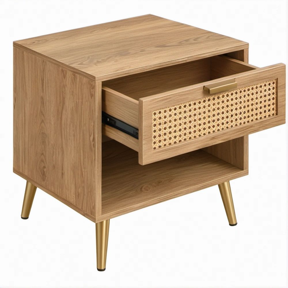 Natural Brown Engineered Wood and Rattan Bedside Table with Gold Steel Legs, 20 x 16 x 24 in