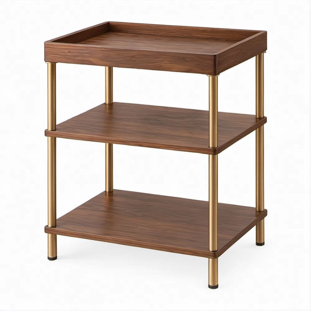 3-Tier Rectangular Side Table, Walnut Brown MDF with Gold Steel Legs, 18 x 14 x 24 in
