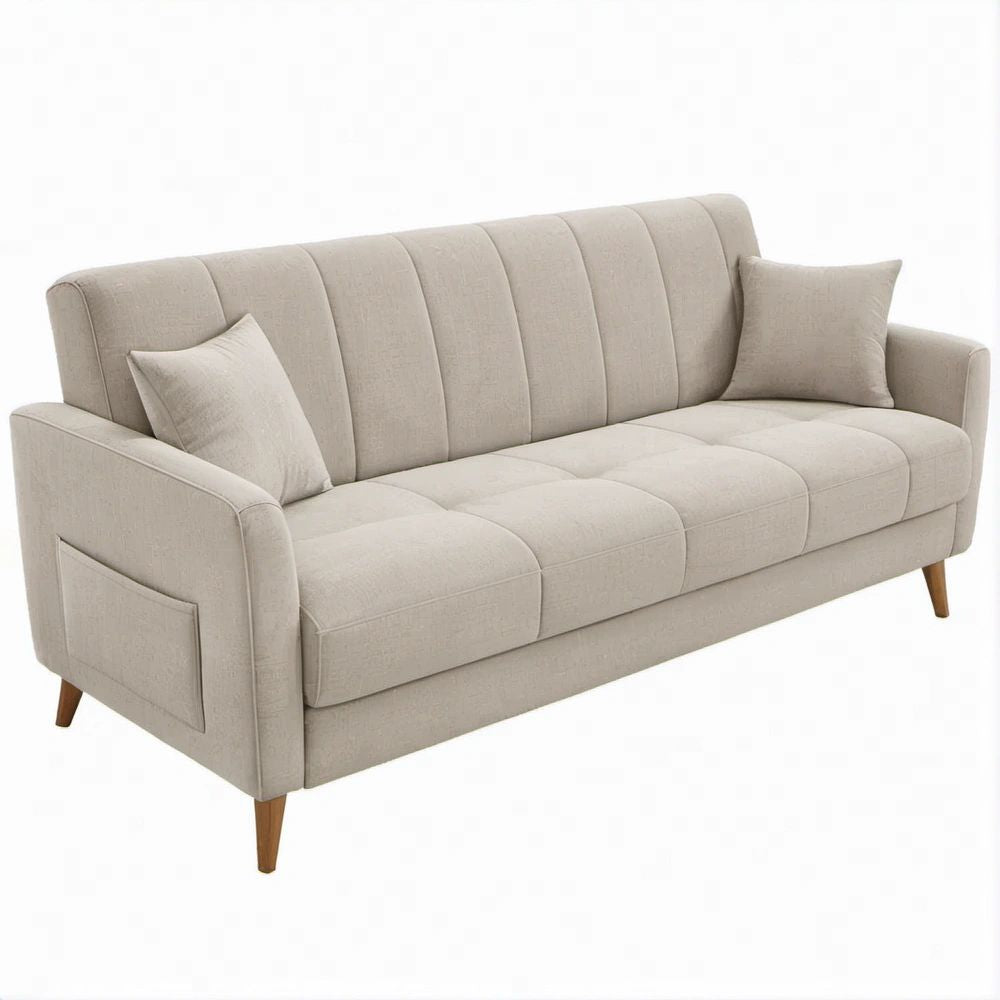Beige 3-Seater Upholstered Sofa with Brown Rubberwood Legs, 89 x 35 x 34 in