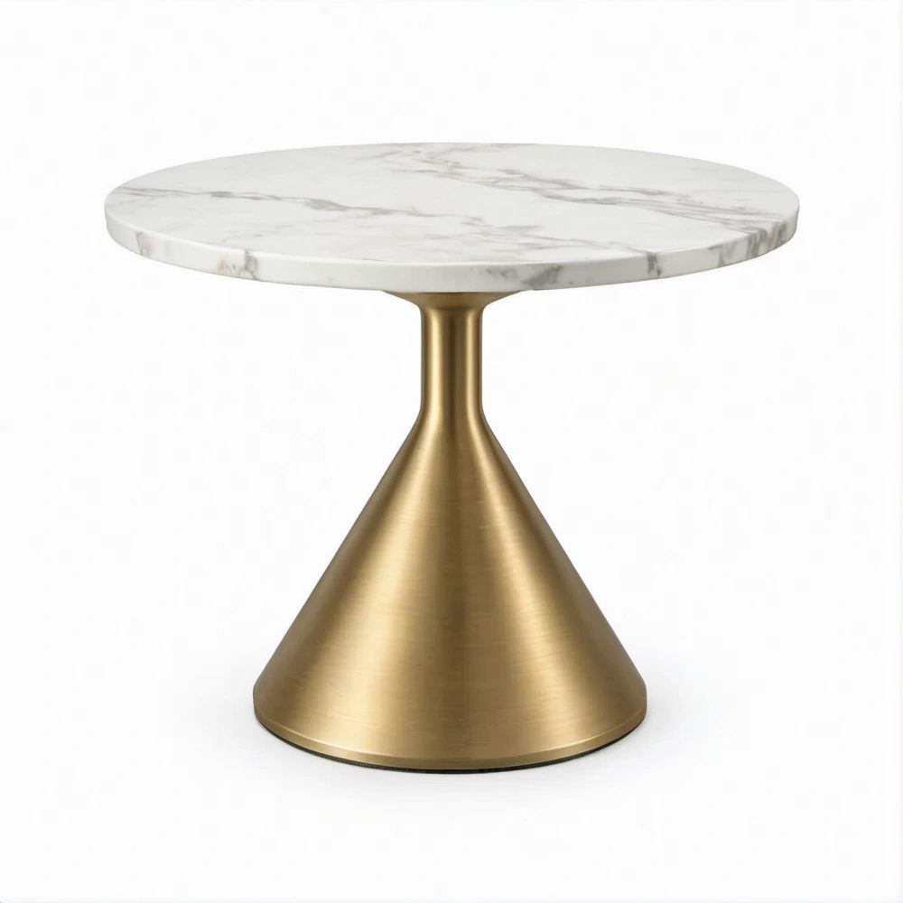 Round White Marble Side Table with Brushed Gold Steel Pedestal Base, 20 in. Diameter x 22 in. H
