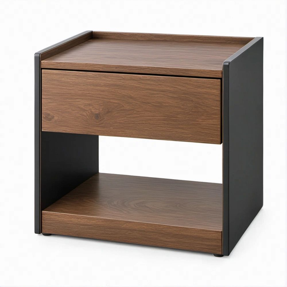 Walnut Brown and Black Nightstand with Drawer and Open Shelf, 20 x 16 x 24 in